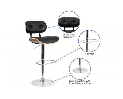 BLNK Magnus Bentwood Adjustable Height Bar Stool with Button Tufted Black Vinyl Seat - Beech