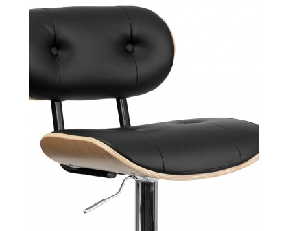 BLNK Magnus Bentwood Adjustable Height Bar Stool with Button Tufted Black Vinyl Seat - Beech