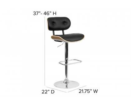 BLNK Magnus Bentwood Adjustable Height Bar Stool with Button Tufted Black Vinyl Seat - Beech