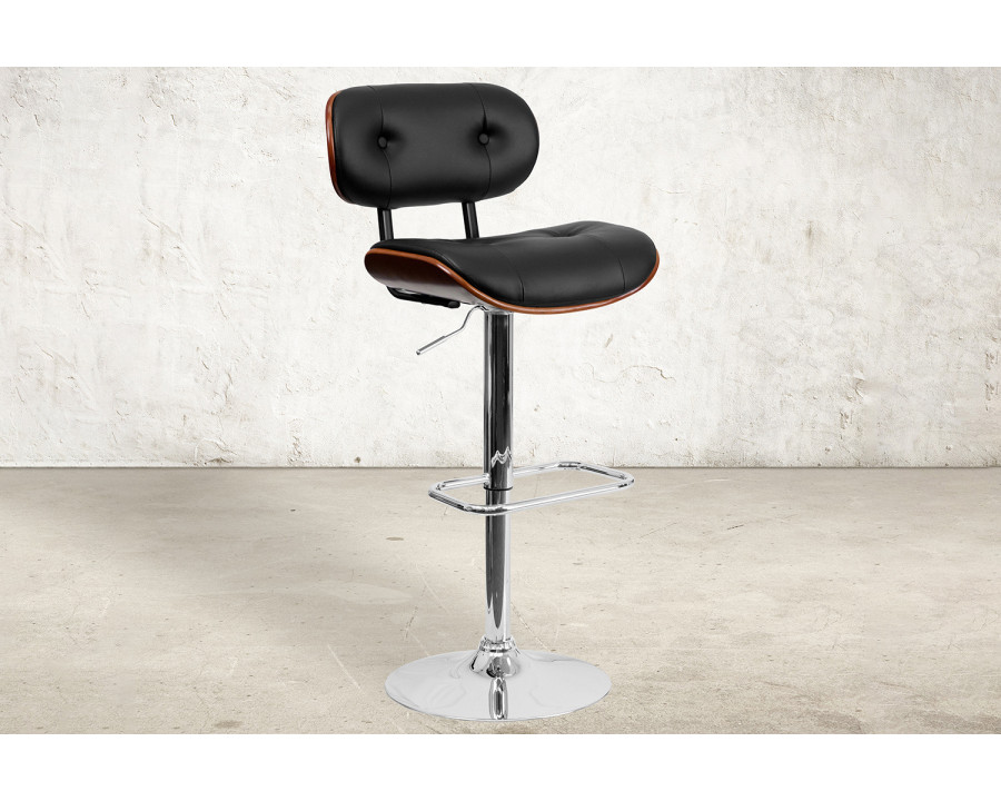 BLNK Magnus Bentwood Adjustable Height Bar Stool with Button Tufted Black Vinyl Seat