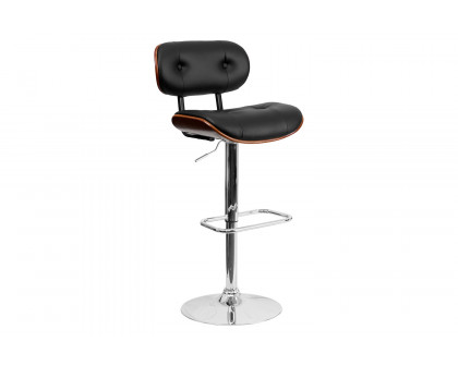 BLNK Magnus Bentwood Adjustable Height Bar Stool with Button Tufted Black Vinyl Seat