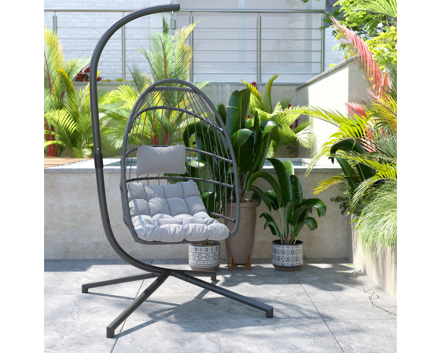 BLNK Cleo Patio Hanging Egg Chair, Wicker Hammock with Soft Seat Cushions and Swing Stand - Gray