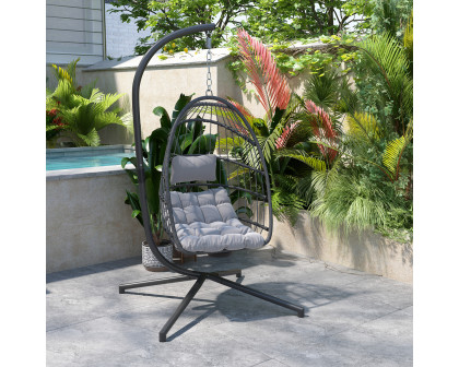 BLNK Cleo Patio Hanging Egg Chair, Wicker Hammock with Soft Seat Cushions and Swing Stand - Gray