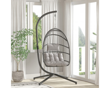 BLNK Cleo Patio Hanging Egg Chair, Wicker Hammock with Soft Seat Cushions and Swing Stand - Gray