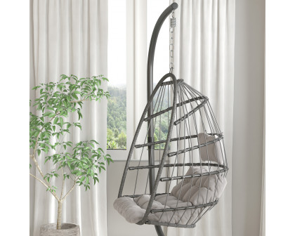 BLNK Cleo Patio Hanging Egg Chair, Wicker Hammock with Soft Seat Cushions and Swing Stand - Gray