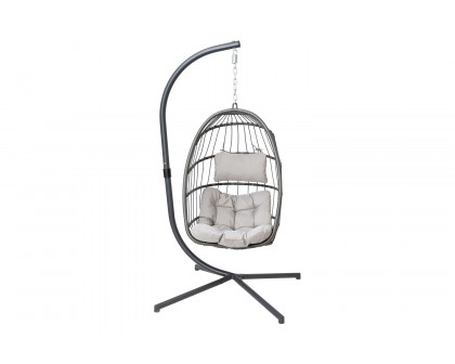 BLNK Cleo Patio Hanging Egg Chair, Wicker Hammock with Soft Seat Cushions and Swing Stand - Gray