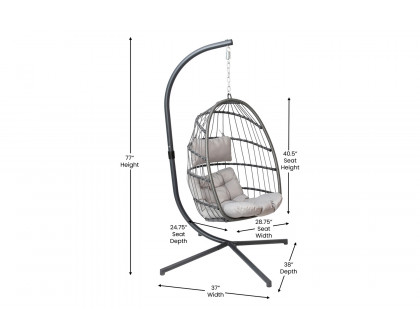 BLNK Cleo Patio Hanging Egg Chair, Wicker Hammock with Soft Seat Cushions and Swing Stand - Gray