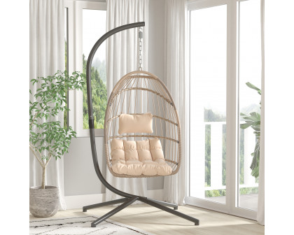 BLNK Cleo Patio Hanging Egg Chair, Wicker Hammock with Soft Seat Cushions and Swing Stand - Natural/Cream