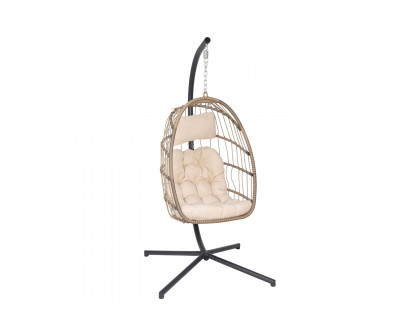 BLNK Cleo Patio Hanging Egg Chair, Wicker Hammock with Soft Seat Cushions and Swing Stand - Natural/Cream