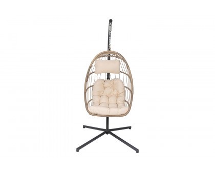 BLNK Cleo Patio Hanging Egg Chair, Wicker Hammock with Soft Seat Cushions and Swing Stand - Natural/Cream