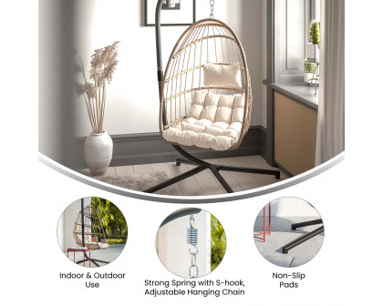 BLNK Cleo Patio Hanging Egg Chair, Wicker Hammock with Soft Seat Cushions and Swing Stand - Natural/Cream