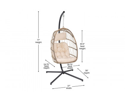 BLNK Cleo Patio Hanging Egg Chair, Wicker Hammock with Soft Seat Cushions and Swing Stand - Natural/Cream