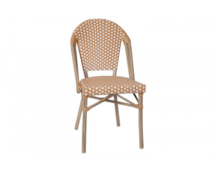 BLNK Lourdes Commercial Indoor-Outdoor French Bistro Stacking Chair with PE Rattan Back and Seat, Bamboo Print Aluminum Frame - Natural/White