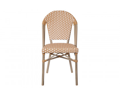 BLNK Lourdes Commercial Indoor-Outdoor French Bistro Stacking Chair with PE Rattan Back and Seat, Bamboo Print Aluminum Frame - Natural/White