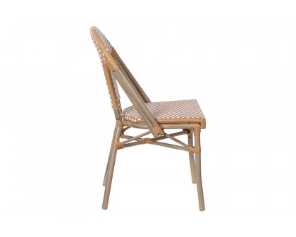 BLNK Lourdes Commercial Indoor-Outdoor French Bistro Stacking Chair with PE Rattan Back and Seat, Bamboo Print Aluminum Frame - Natural/White