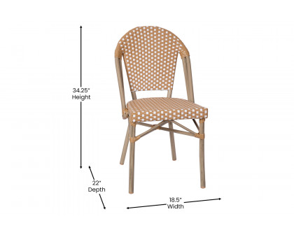 BLNK Lourdes Commercial Indoor-Outdoor French Bistro Stacking Chair with PE Rattan Back and Seat, Bamboo Print Aluminum Frame - Natural/White