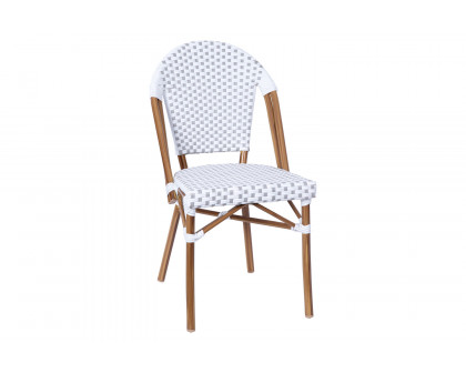 BLNK Lourdes Commercial Indoor-Outdoor French Bistro Stacking Chair with PE Rattan Back and Seat, Bamboo Print Aluminum Frame - White/Gray