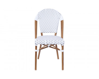 BLNK Lourdes Commercial Indoor-Outdoor French Bistro Stacking Chair with PE Rattan Back and Seat, Bamboo Print Aluminum Frame - White/Gray