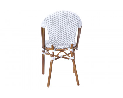 BLNK Lourdes Commercial Indoor-Outdoor French Bistro Stacking Chair with PE Rattan Back and Seat, Bamboo Print Aluminum Frame - White/Gray