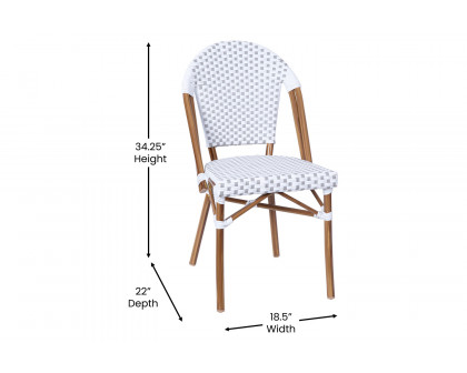 BLNK Lourdes Commercial Indoor-Outdoor French Bistro Stacking Chair with PE Rattan Back and Seat, Bamboo Print Aluminum Frame - White/Gray