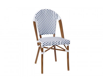 BLNK Lourdes Commercial Indoor-Outdoor French Bistro Stacking Chair with PE Rattan Back and Seat, Bamboo Print Aluminum Frame - White/Navy