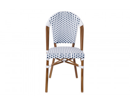 BLNK Lourdes Commercial Indoor-Outdoor French Bistro Stacking Chair with PE Rattan Back and Seat, Bamboo Print Aluminum Frame - White/Navy