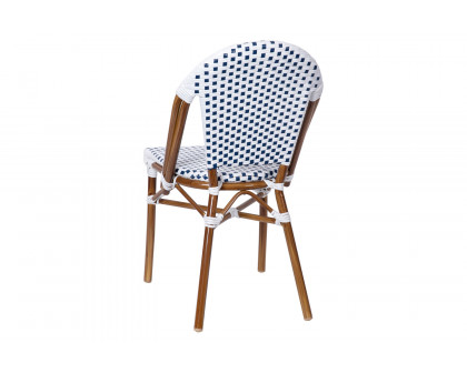 BLNK Lourdes Commercial Indoor-Outdoor French Bistro Stacking Chair with PE Rattan Back and Seat, Bamboo Print Aluminum Frame - White/Navy