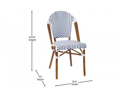 BLNK Lourdes Commercial Indoor-Outdoor French Bistro Stacking Chair with PE Rattan Back and Seat, Bamboo Print Aluminum Frame - White/Navy