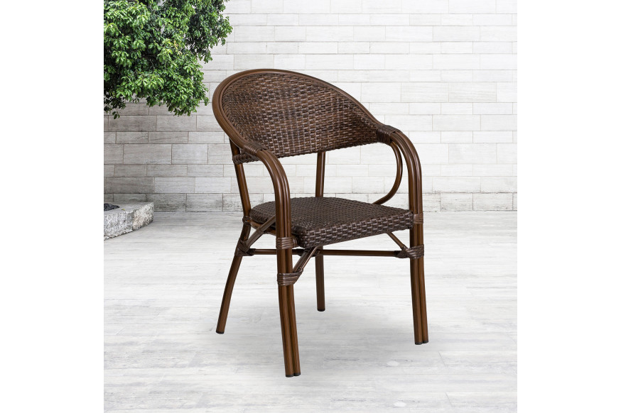 BLNK™ Milano Series Rattan Restaurant Patio Chair with Bamboo-Aluminum Frame - Cocoa