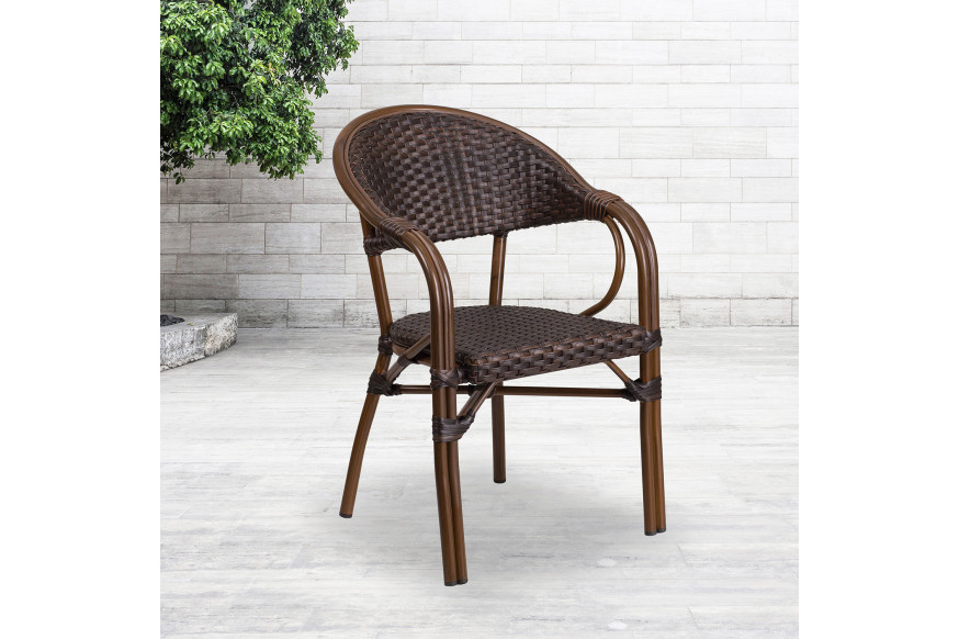 BLNK™ Milano Series Rattan Restaurant Patio Chair with Bamboo-Aluminum Frame - Dark Brown/Red