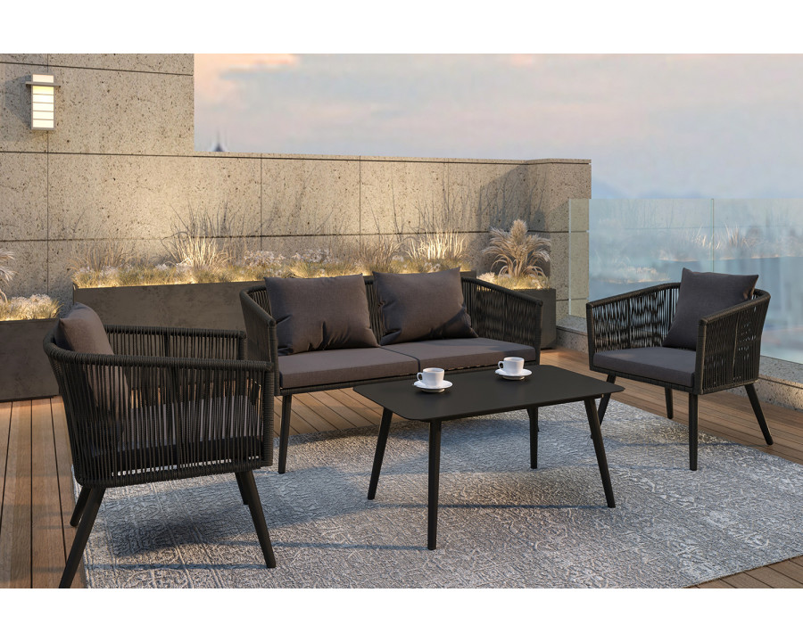 BLNK - Kierra Black All-Weather Woven Conversation Set with Gray Zippered Removable Cushions and Metal Coffee Table 4-Piece