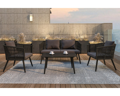 BLNK - Kierra Black All-Weather Woven Conversation Set with Gray Zippered Removable Cushions and Metal Coffee Table 4-Piece