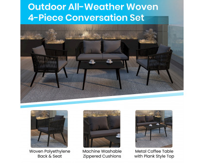 BLNK - Kierra Black All-Weather Woven Conversation Set with Gray Zippered Removable Cushions and Metal Coffee Table 4-Piece