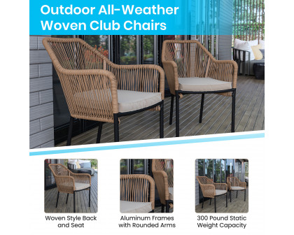 BLNK Kallie All-Weather Woven Stacking Club Chairs with Rounded Arms and Zippered Seat Cushions Set of 2 - Natural/Ivory