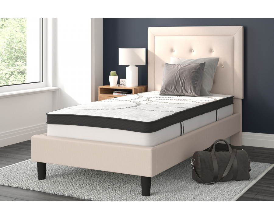 BLNK Roxbury Tufted Upholstered Platform Bed with 10" CertiPUR-US Certified Pocket Spring Mattress - Beige, Twin Size