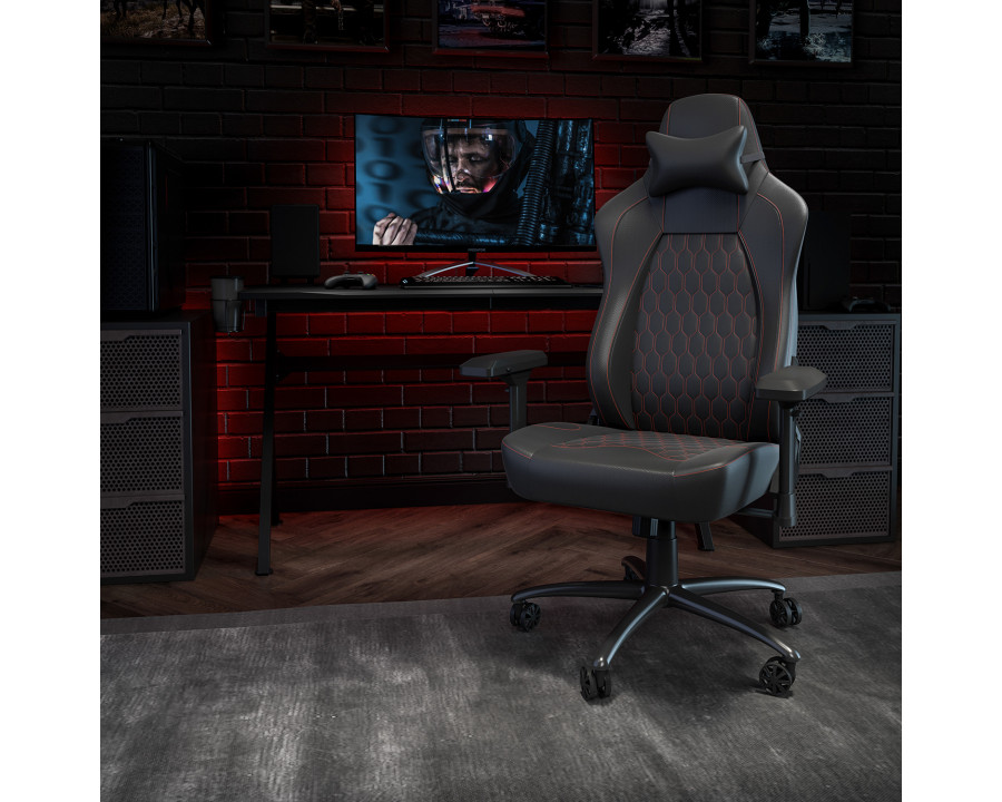 BLNK Falco Ergonomic Black High-Back Adjustable Gaming Chair with 4D Armrests, Headrest Pillow, and Adjustable Lumbar Support - with Red Stitching