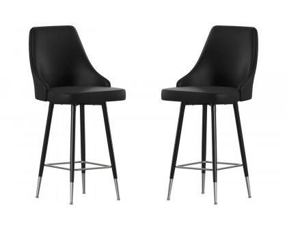 BLNK Shelly Commercial LeatherSoft Counter Height Bar Stools with Solid Black Frames and Chrome Accented Feet and Footrests Set of 2 - Black