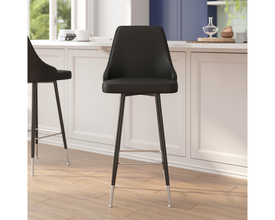 BLNK Shelly Commercial LeatherSoft Bar Height Stools with Solid Black Frames and Chrome Accented Feet and Footrests Set of 2