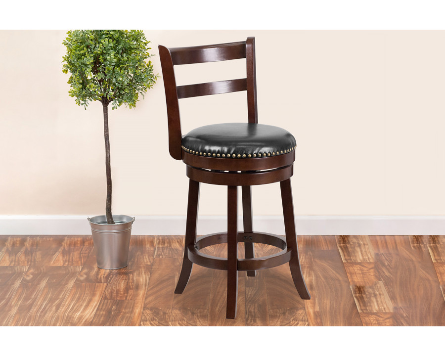 BLNK - Ronnie Cappuccino Wood Counter Height Stool with Single Slat Ladder Back and Black Swivel Seat