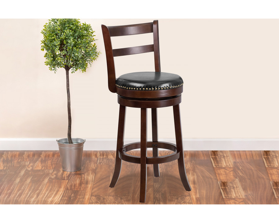 BLNK - Becca Cappuccino Wood Bar Stool with Single Slat Ladder Back and Black Swivel Seat