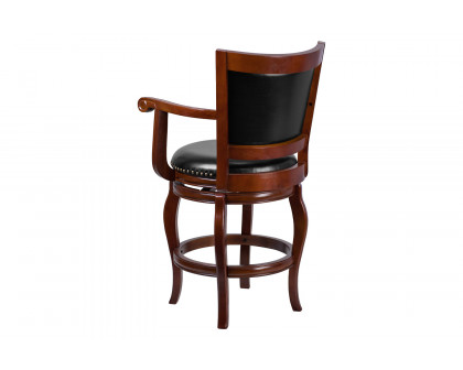 BLNK - Vestina Cherry Wood Counter Height Stool with Arms, Panel Back and Black Swivel Seat