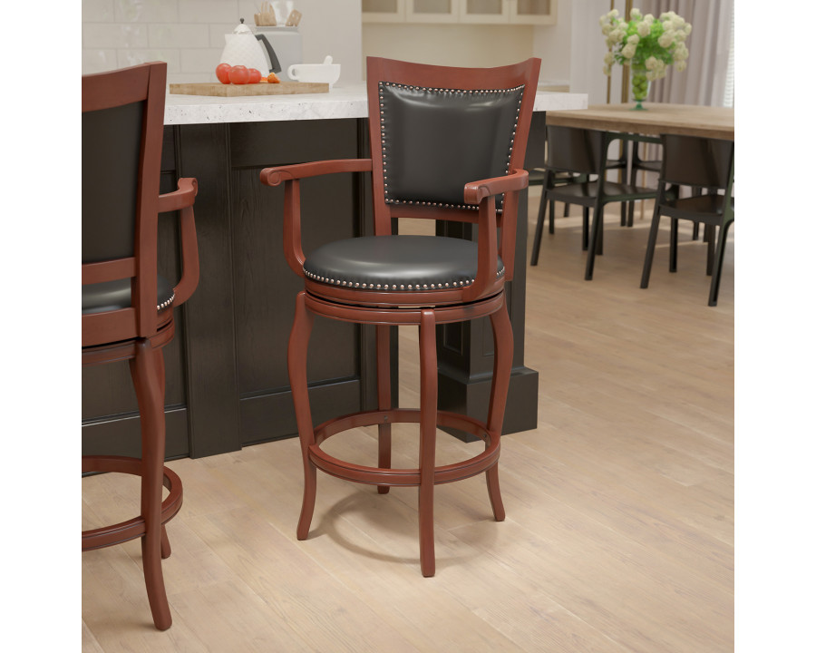 BLNK - Vestina Cherry Wood Bar Stool with Arms, Panel Back and Black Swivel Seat