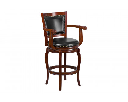 BLNK - Vestina Cherry Wood Bar Stool with Arms, Panel Back and Black Swivel Seat