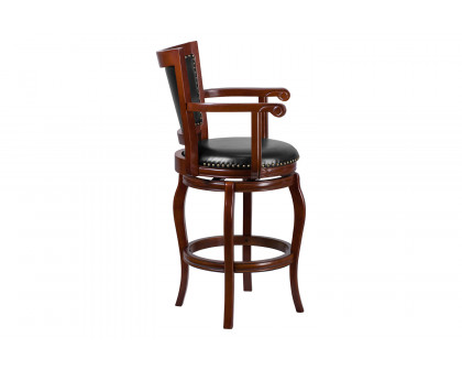 BLNK - Vestina Cherry Wood Bar Stool with Arms, Panel Back and Black Swivel Seat