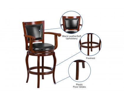 BLNK - Vestina Cherry Wood Bar Stool with Arms, Panel Back and Black Swivel Seat