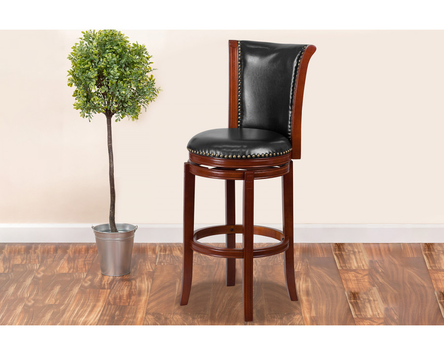 BLNK - Vestina Dark Chestnut Wood Bar Stool with Panel Back and Black Swivel Seat