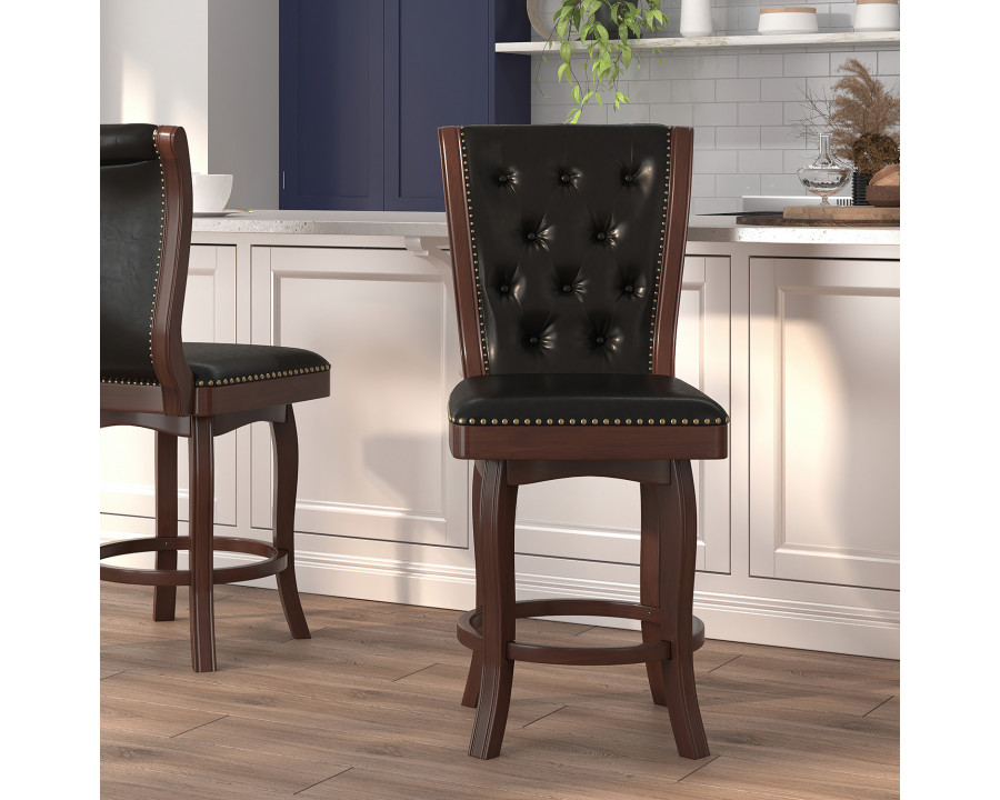 BLNK Wood Counter Height Stool with Button Tufted Back and Black Swivel Seat