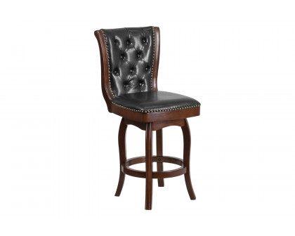 BLNK Wood Counter Height Stool with Button Tufted Back and Black Swivel Seat