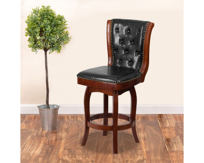 BLNK Wood Counter Height Stool with Button Tufted Back and Black Swivel Seat