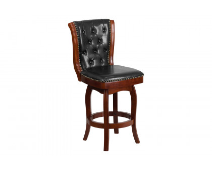 BLNK Wood Counter Height Stool with Button Tufted Back and Black Swivel Seat - Cherry